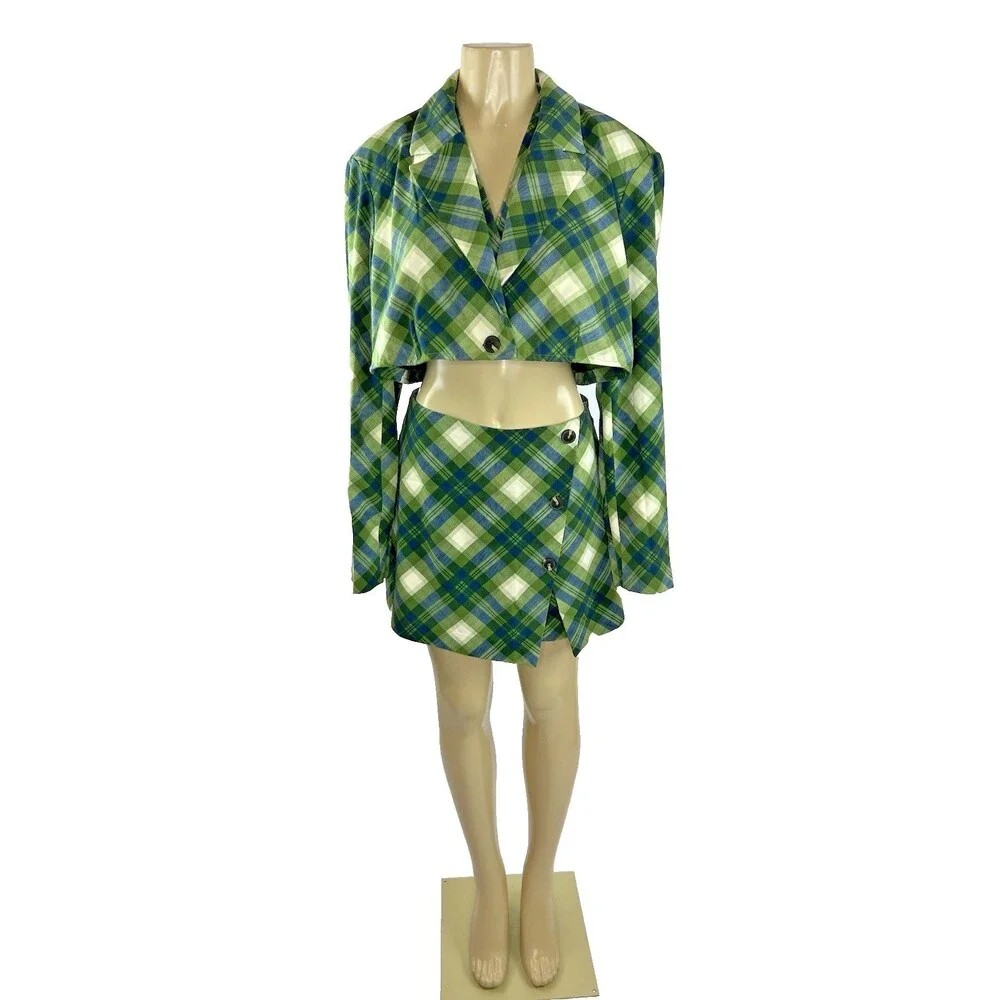 WeWoreWhat 3 Piece Suit Set Size L Cropped Blazer Skort Wrap Top Green Plaid